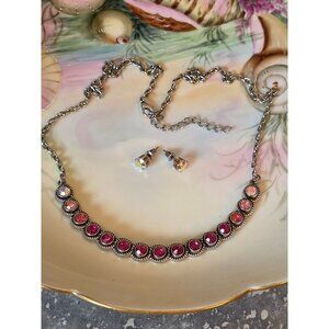 Vintage Style Silver Necklace & Earring Set With Pink & Clear Rhinestones
